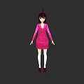 Anime Style Woman Wearing Pink Dress White Stockings and Red Shoes