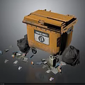 Orange Garbage Waste Bin With Scattered Trash And Black Garbage Bags