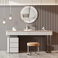 Elegant Modern Dressing Table With Round Mirror Pendant Lights Drawers And Stool 3d model