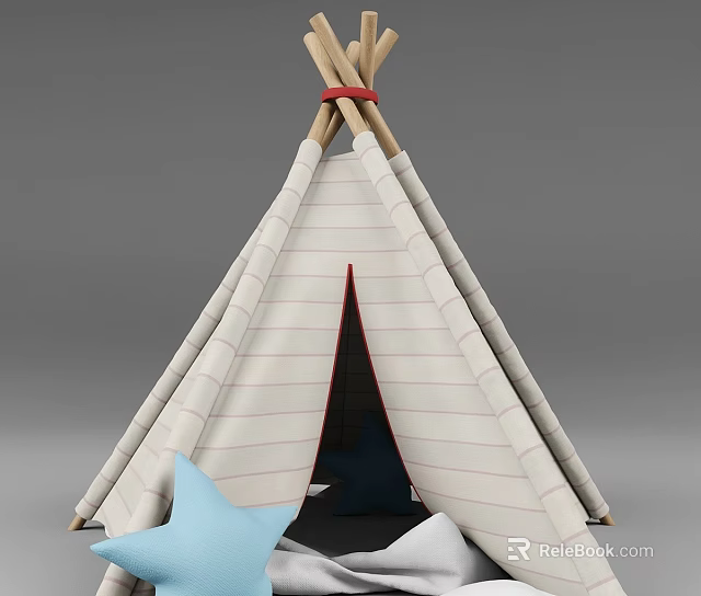 Teepee Tent with Wooden Poles White Striped Fabric and Blue Star Pillow Decoration 3d model 