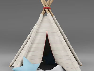 Teepee Tent with Wooden Poles White Striped Fabric and Blue Star Pillow Decoration 3d model