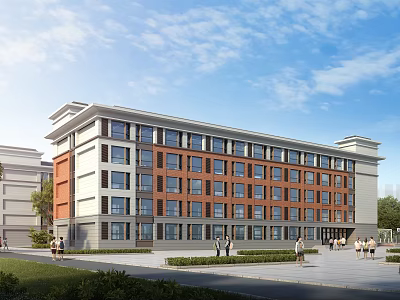 Modern Multi Story School Building With Red Brick White Walls Large Windows And Green Lawn 3d model