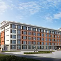 Modern Multi Story School Building With Red Brick White Walls Large Windows And Green Lawn
