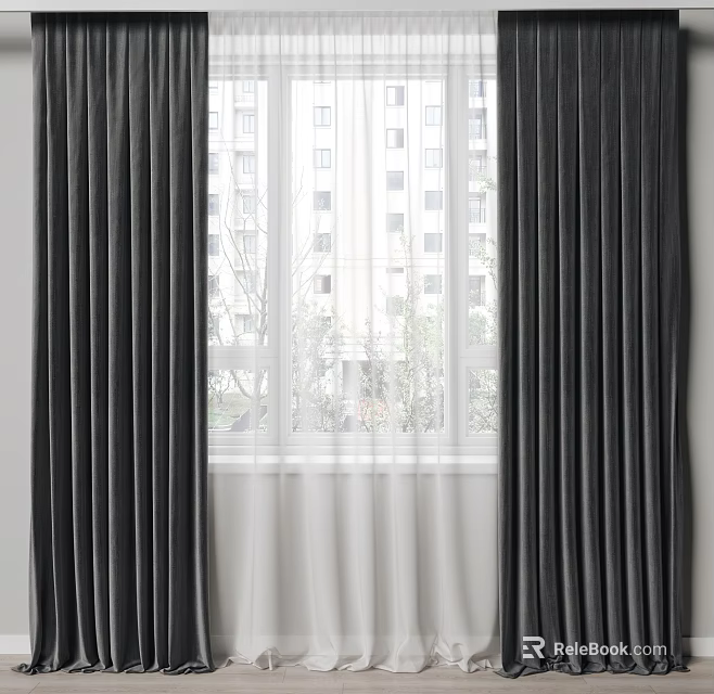 Elegant Dark Velvet Curtains For Window With Soft Texture And Light Filtering 3d model 