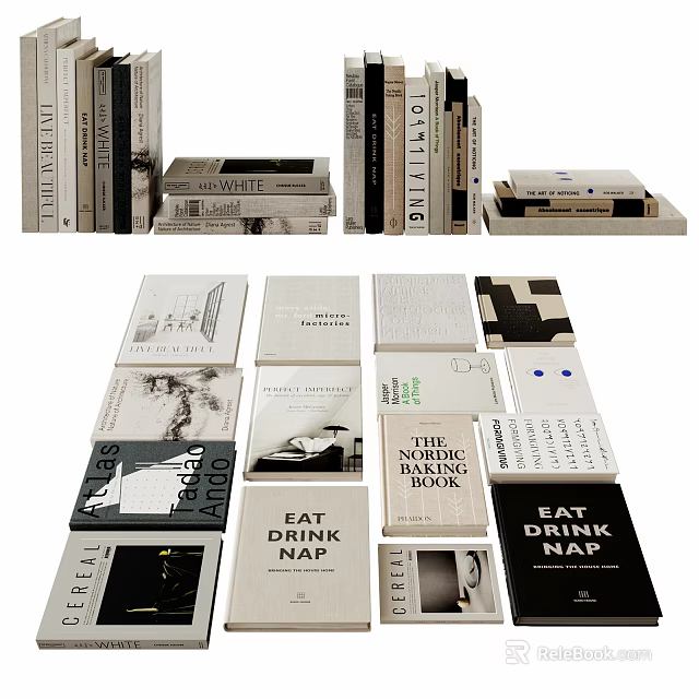 Minimalist Lifestyle Books And Magazines With Black White Covers Stacked Flat 3d model 