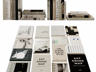 Minimalist Lifestyle Books And Magazines With Black White Covers Stacked Flat 3d model