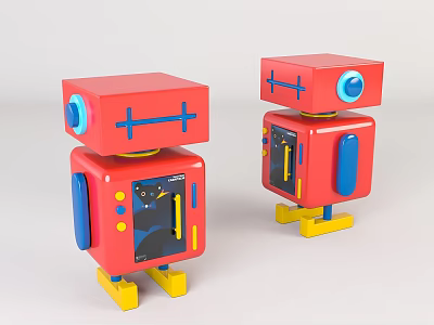 Two Red Robot Shaped Decorative Cabinets With Blue Accents And Yellow Base Design 3d model
