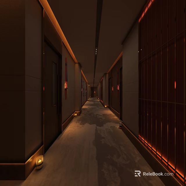 Warm Lit Elevator Hallway With Wooden Decor And Minimalist Wall Panels 3d model