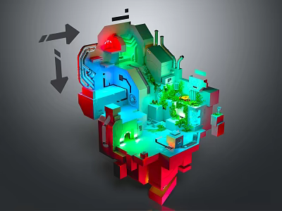 3D Cartoon Scene Design With Colorful Buildings Green Plants And Glowing Lights 3d model