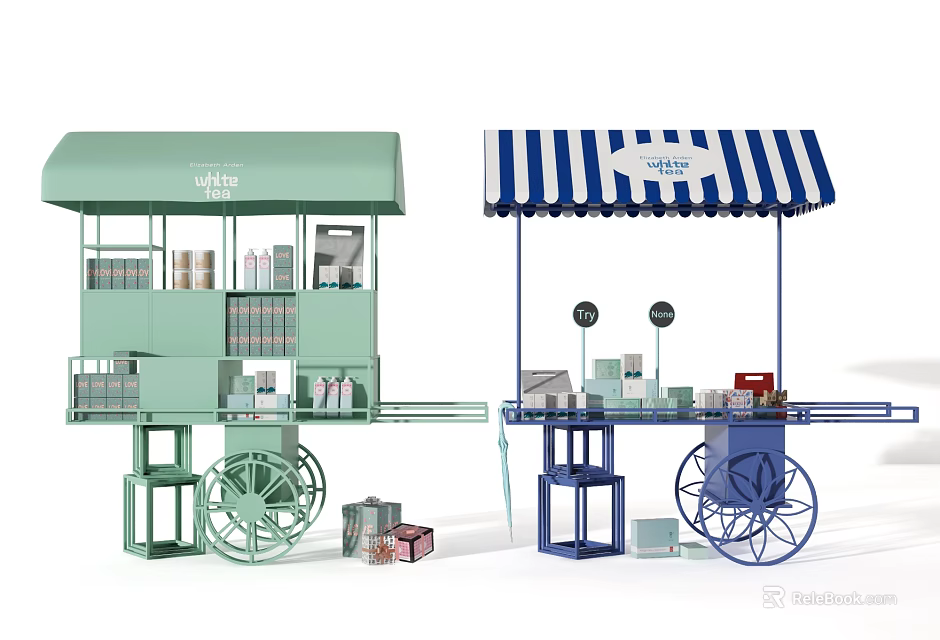 Functional Carts With Light Green Blue Striped Canopies Shelves And Displayed Goods 3d model 
