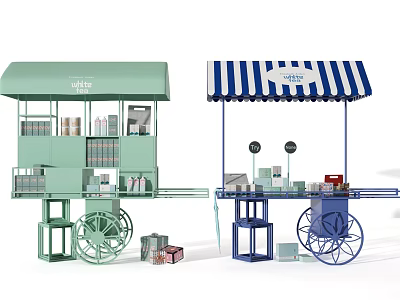 Functional Carts With Light Green Blue Striped Canopies Shelves And Displayed Goods 3d model