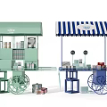 Functional Carts With Light Green Blue Striped Canopies Shelves And Displayed Goods