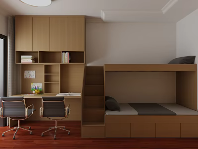 Modern Kids Room Interior With Bunk Bed Study Desk And Storage Cabinets 3d model