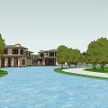 Waterfront Resort Architecture Complex With Green Spaces Paths And Surrounding Water