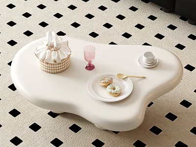 Stylish White Irregular Coffee Table With Checkered Basket Pink Glass Donuts And Golden Spoon 3d model