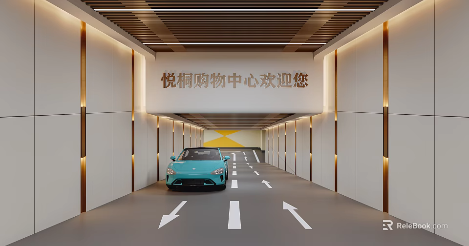 Yuexun Shopping Mall Parking Garage Entrance With Blue Car Direction Arrows And Decorative Lighting 3d model 