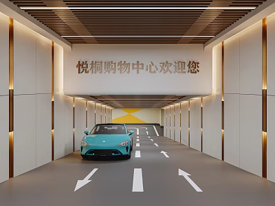 Yuexun Shopping Mall Parking Garage Entrance With Blue Car Direction Arrows And Decorative Lighting 3d model