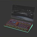 Illuminated Electronic Control Panel with Glowing Keyboard and Spaceship Night City Screen