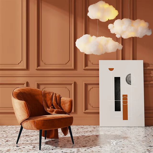 Brown Velvet Single Sofa With Wooden Panel Wall Cloud Pendant Lights And Modern Wall Art 3d model 