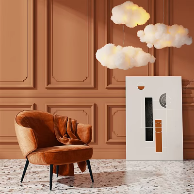 Brown Velvet Single Sofa With Wooden Panel Wall Cloud Pendant Lights And Modern Wall Art 3d model