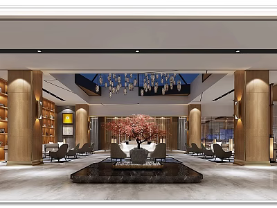 Front Desk Reception Area In Luxurious Lobby With Chandelier Decorative Tree And Columns 3d model