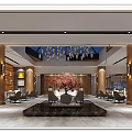 Front Desk Reception Area In Luxurious Lobby With Chandelier Decorative Tree And Columns