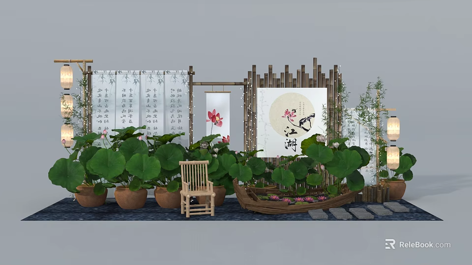 Chinese Traditional Decorative Scene With Lotus Leaves Bamboo Lanterns And Calligraphy Scrolls 3d model