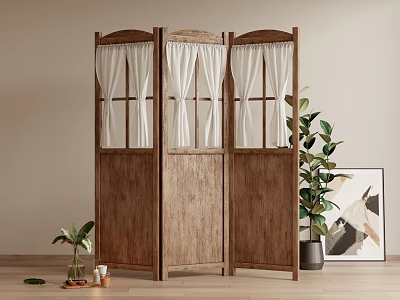 Three Panel Wooden Screen With White Sheer Panels In Modern Interior Space 3d model