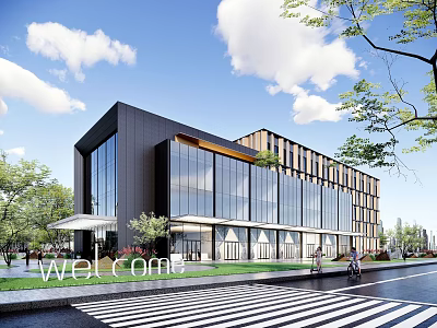 Modern Office Building With Glass Curtain Wall Entrance Design And Surrounding Trees 3d model