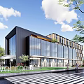 Modern Office Building With Glass Curtain Wall Entrance Design And Surrounding Trees