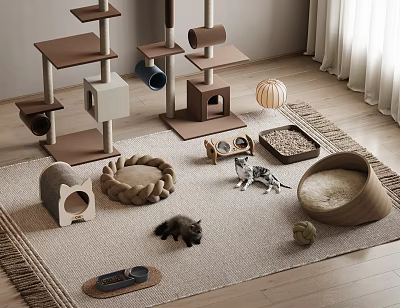 Cozy Cat Playroom With Tree Beds And Toys 3d model