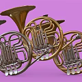 Multiple Brass French Horns Musical Instruments Stacked On Purple Background