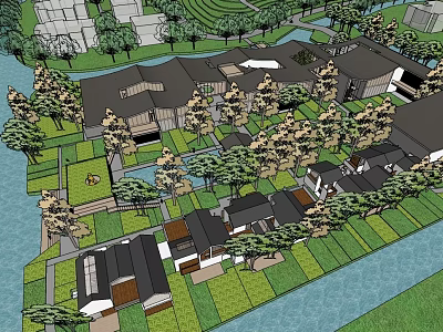 Scenic Cultural Center Complex With Lush Trees Green Spaces And River Views 3d model