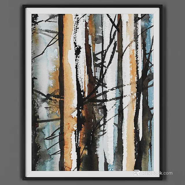 Modern Abstract Tree Picture Frame With Brown Yellow Black Trunks And White Background 3d model