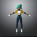 3D Character With Green Hair Ponytail Arms Outstretched Orange White Top Blue Pants White Gloves