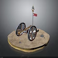 Antique Cannon Weapon Model With Red Blue Wheels Red Flag And Cannonballs On Circular Base