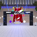 Modern Grand Stadium Exterior With Curved Silver Structure Lighting Steps And Trees At Entrance