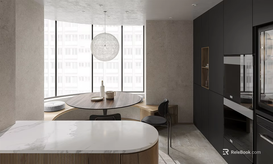 Modern Restaurant Interior With Round Dining Table Pendant Light Marble Countertop And Black Cabinets 3d model 