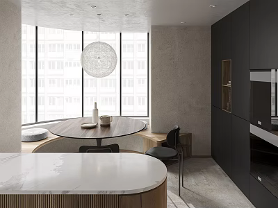 Modern Restaurant Interior With Round Dining Table Pendant Light Marble Countertop And Black Cabinets 3d model