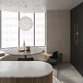 Modern Restaurant Interior With Round Dining Table Pendant Light Marble Countertop And Black Cabinets