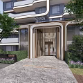 Modern Building Entrance Feature Wall With Green Trees Shrubs Glass And Stone Pavement