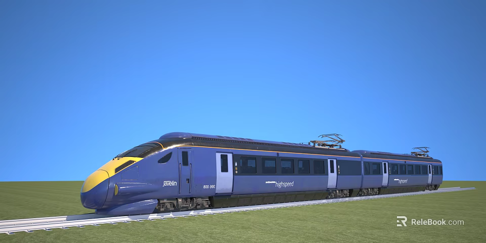 Blue And Yellow Streamlined Passenger Train On Railway Track With Green Grass And Blue Sky 3d model 
