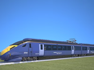 Blue And Yellow Streamlined Passenger Train On Railway Track With Green Grass And Blue Sky 3d model