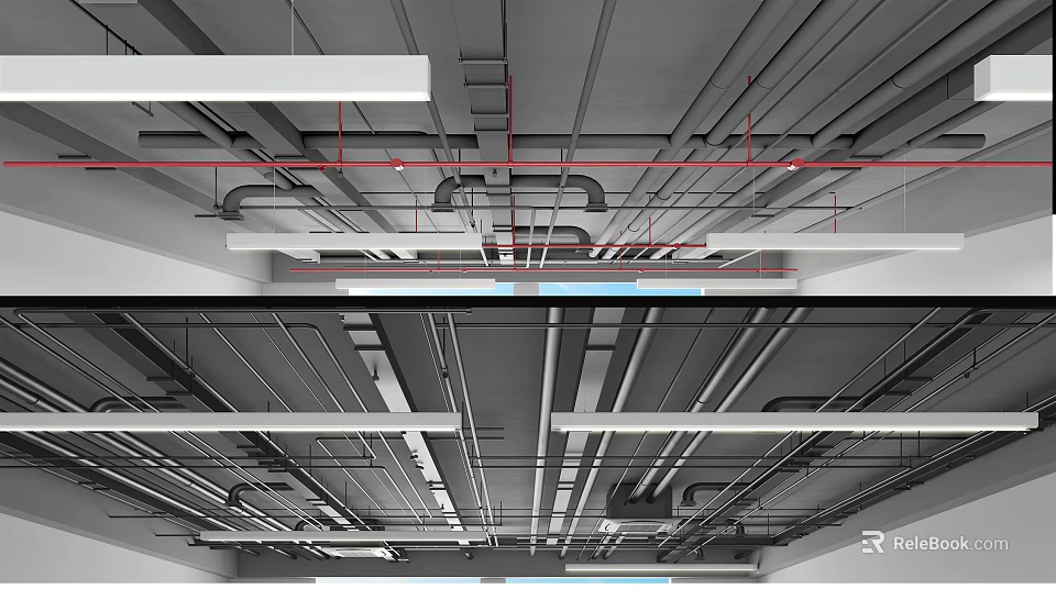 Industrial Ceiling Mechanical Pipes With Metal Supports And Structural Layout 3d model 