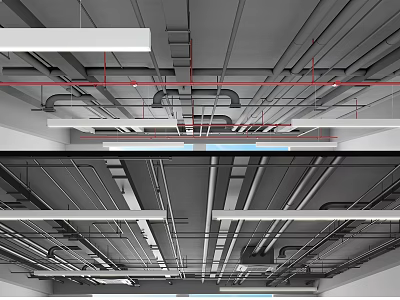 Industrial Ceiling Mechanical Pipes With Metal Supports And Structural Layout 3d model