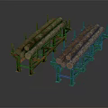 Stacked Wooden Logs On Red And Green Racks For Material Storage
