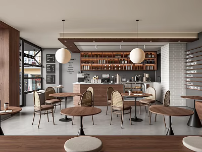 Cozy Cafe Interior With Wooden Tables Chairs Pendant Lights And Bookshelves 3d model