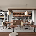 Cozy Cafe Interior With Wooden Tables Chairs Pendant Lights And Bookshelves