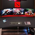 Modern Gaming Desk with Multiple Monitors Gaming Chair and Red Wall Art