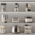 Various Stylish Modern Kitchen Appliances Arranged On Shelves With Different Functions